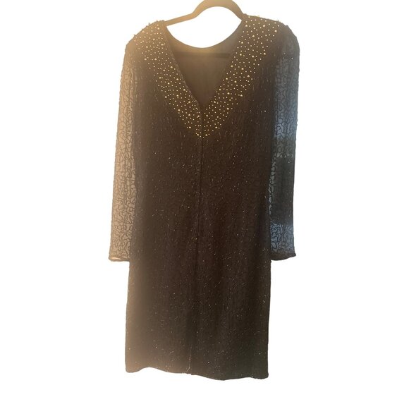 Beaded Drama Black Dress Lined V-Back Long Sleeves Beaded Embellishment Size 8 - Picture 3 of 5